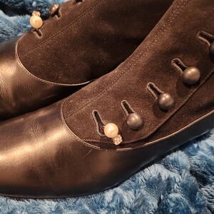 Ralph Lauren PURPLE LABEL Black Leather & Suede Pearl-Accent Ankle Booties